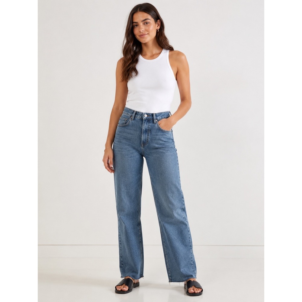 Cotton On 91 High Waisted Straight Leg Jeans Blue Raw Hem Minimalist Y2K Size 4